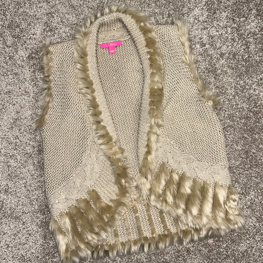 Lilly Pulitzer Torini Faux Fur Sweater Vest Women Large Heathered Latte Metallic